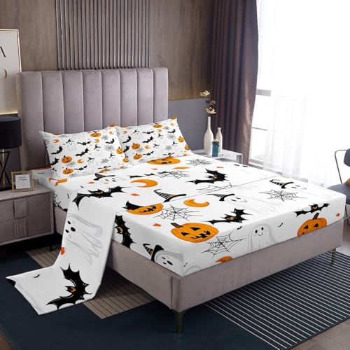 Feelyou Happy Halloween Bed Sheets Set Full Size Cute Ghost Bedding for Kids Teens Pumpkin Lantern Bat Cobweb Spider Spooky Sheet with 16 Inch Deep Pockets Room Decor with 2 Pillow Case Soft 4Pcs