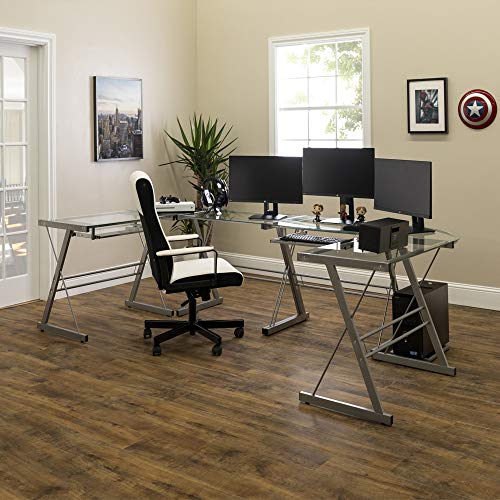 Walker Edison Ellis Modern Glass Top L Shaped Corner Gaming Desk With Computer Keyboard Tray, 51 Inch, Silver #TOP5