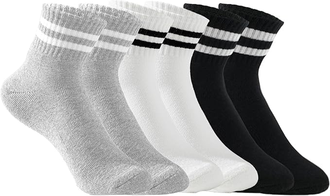 Diversa Unisex Cotton Blend Ankle Length Sports & Gym Workout Socks with | Striped Quarter Socks, Free Size | Running, Cycling & Gym | Odour Free | Pack of 3 (WHITE, BLACK, GREY)