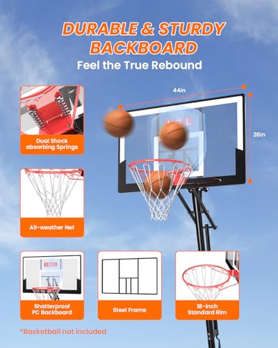 Image of IGL Basketball Hoop Outdoor 44 Inch, Height Adjustable 5.3-10 FT, Portable Basketball Goal with Shatterproof Backboard for Kids Teens Adults, Backyard Driveway