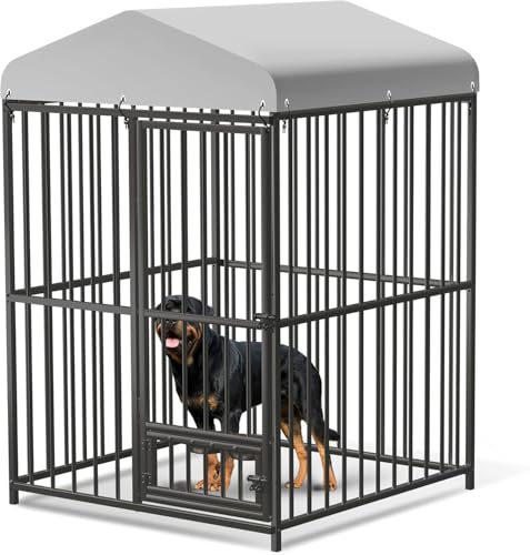 Large Outdoor Dog Kennel (4x4x6ft) - Heavy Duty Metal Dog Cage with Rotating Feeding Bowl, Waterproof Roof Cover & Lock, Weatherproof for All Dog Breeds - Perfect for Garden, Backyard, or Indoor Use