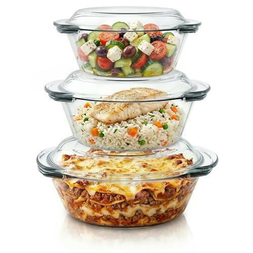 Arendo - Auflaufform mit Deckel und Griffen – 3er Set – Borosilikatglas – 3 Größen 1000ml 1500ml 2000ml – ofenfest – mikrowellengeeignet – nachhaltig BPA-frei - klein bis groß - Glasbehälter