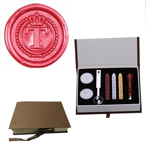 MNYR Vintage Alphabet Letter T Crown Wreath Initial Embossment Wedding Invitations Gift Cards Wax Seal Stamp Stationary Sealing Wax Stamp Wood Handel Gift Box Candles Wax Sticks Melting Spoon Kit Set