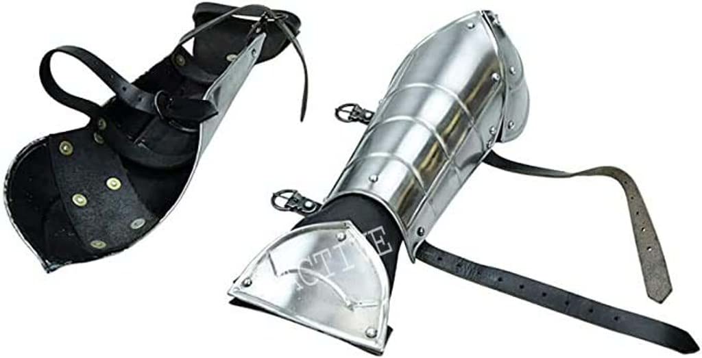 ACTIVE INDUSTRIES Vintage Style Steel Designer Knight Bracers with Hand and Elbow Armor - 18 Gauge Steel Elbow Armor Steel lag Guard Knight Costume, Silver, XL-LAURGE