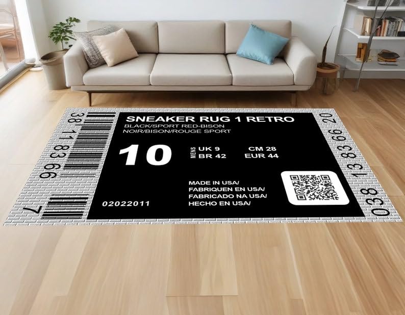 Custom Sneaker Rug Product Label Sneakerhead Hypebeast Decorative Rug Home Decor Gym Room Rug Gift for Him Boyfriend