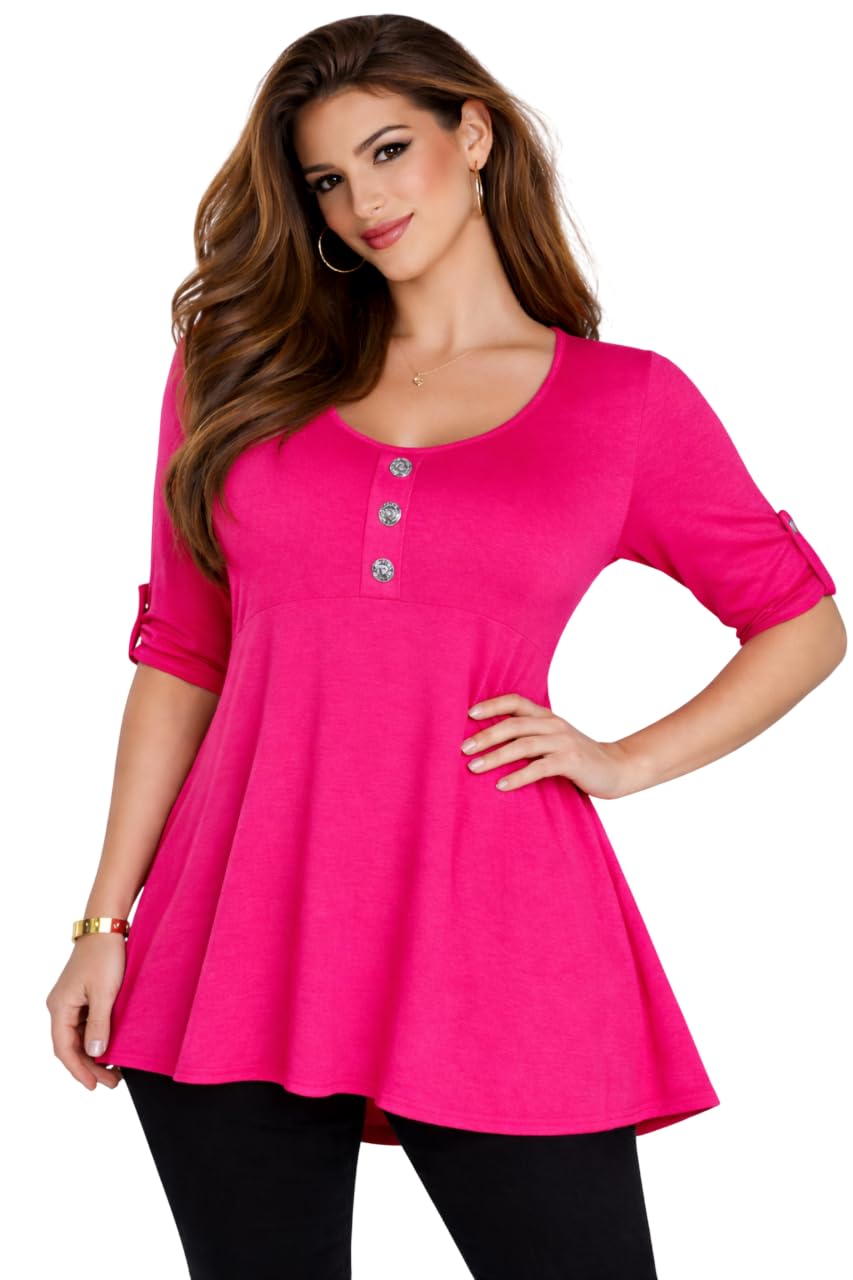 Eye Catch Women's Fushia ’S Flared Tunic Top, Button Front Scoop Neck Long Jersey Top – Plus Size 14–28