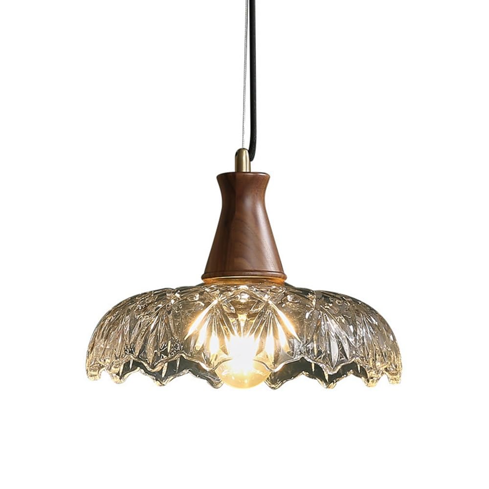 ITOSUI Mid Century Pendant Light 11.8-Inch Petal Glass Hanging Lamp Walnut Wood Brass Metal Holder Ceiling Fixture Kitchen Island Bar Bedside Dining Room E26
