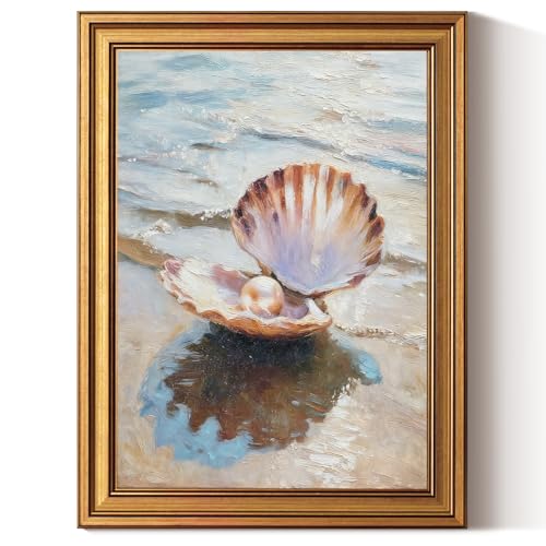 InSimSea Gold Framed Vintage Seashell Pearl Wall Art for Living Room, 3D Textured Coastal Paintings Artwork Wall Decor Hand Drawn Beach House Decor for Bathroom Dining Shelf 12x16inch