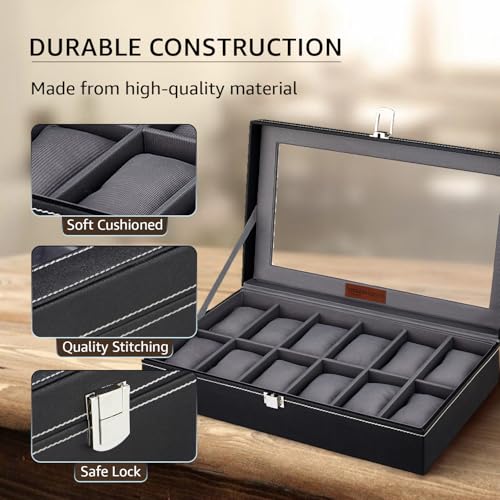 Image of Amazon Basics Unisex Faux Leather Watch Organiser Box with 12 Slots |Watch Organiser with Transparent Lid (Black)
