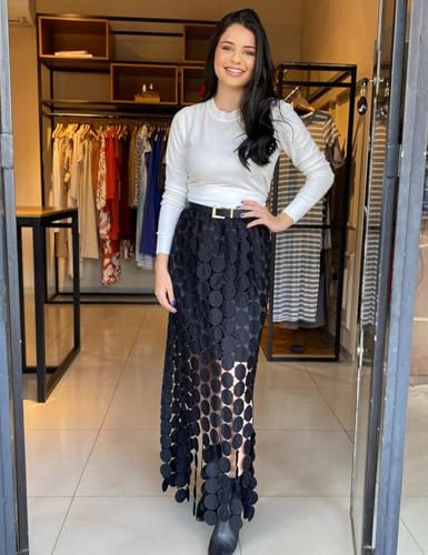 Yimoon Womens Hollow Out Maxi Skirt Elastic Waist Fringe Hem Long Skirt Tassel Trim Cocktail Party Midi Skirt3