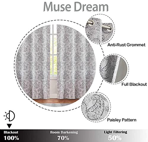 Muse Dream Sun Blocking Gray Blackout Paisley Curtains 84 Inch Long For Bedroom Jacquard Patterned European Luxury Curtains For Living Room Thermal Insulated Window Drapes Grommets 2 Panels 52"Wx84"L #TOP3