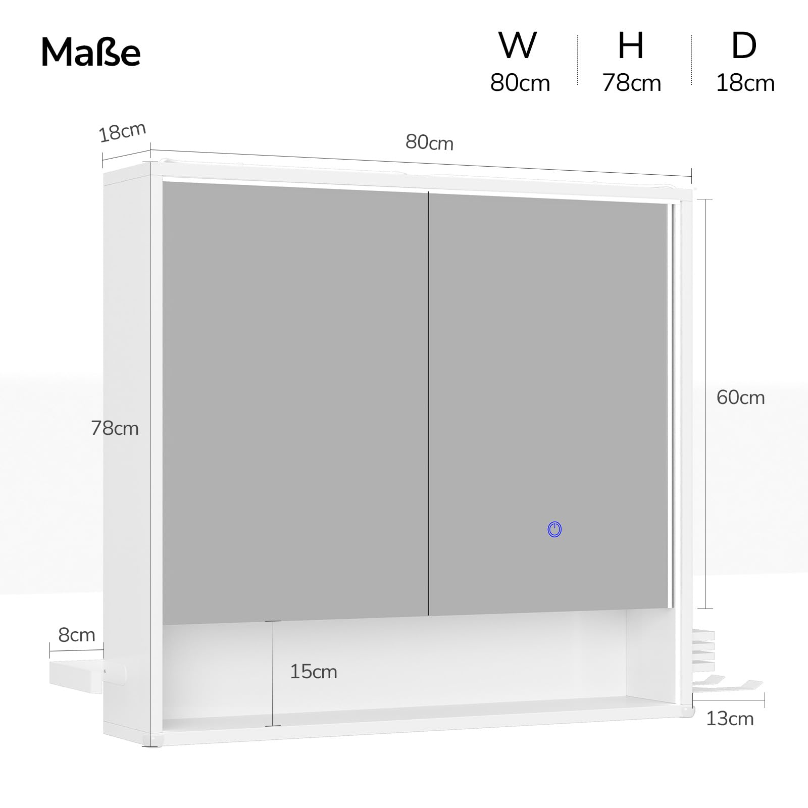 2-türiger LED-Spiegelschrank 80x78x18 cm, Steckdose, Touch-Sensor & 3 dimmbare Lichttemperaturen – inkl. Föhnhalter, Handtuchhalter & verstellbarem Einlegeboden – Weiß