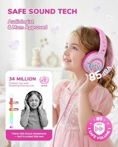 Image of iClever C371 Kids Headphones with Cord for School Boys Girls Travel Gift | SafeSound Tech3.0, Stereo Sound, 3.5mm Jack, Foldable, Durable Headband, Safe Wired Headphones for Kids, Macaron Pink