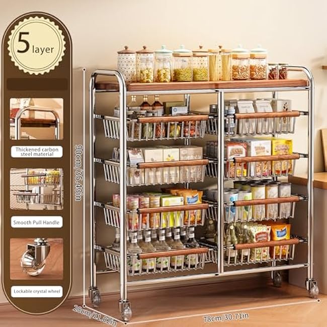 Rolling Organizer Cart with Wire Baskets, Kitchen and Pantry Snack Storage Rack, Metal Utility Shelf for Fruits, Vegetables, Bathroom, Laundry on Wheels 10-Tier-8E5C2cZh