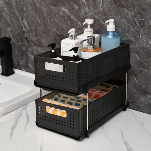 Top Trends Under Sink Organizers and Storage Pull Out Kitchen Bathroom Cabinet Organizer 2 Tier Black Under Sink Storage for Bathroom Kitchen Under Counter Storage Organizer (Black Pack of 1)