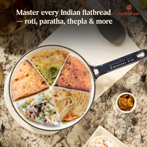 Image of CUMIN CO. Enamel Cast Iron Roti Tawa | 26 cm, 2.3 Kg | Color: Grey | Curved Surface Tawa for Roti, Chapati, Paratha | Preheat 4 Minutes to Activate Natural Non-Stick Ability, No Seasoning Required