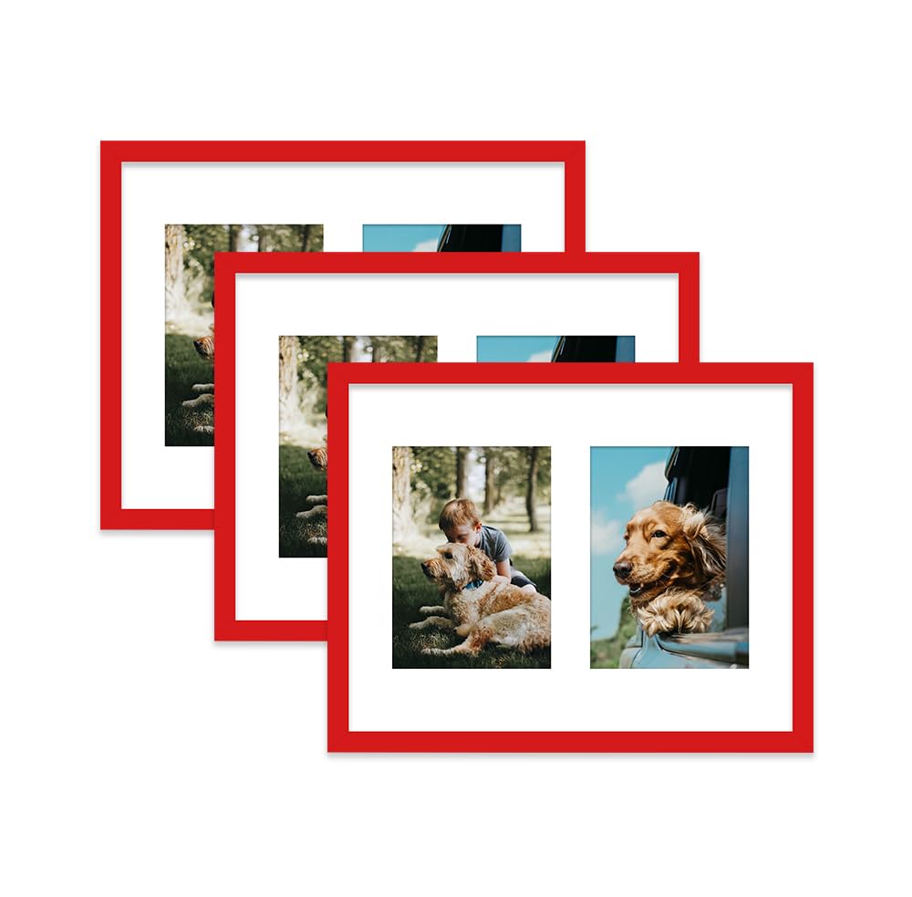 Red Multi Photo Frame - Holds 2 x 7x5 Pictures, Family Collage Picture Frame for Wall Display, 14x11 Frame size, Set of 3