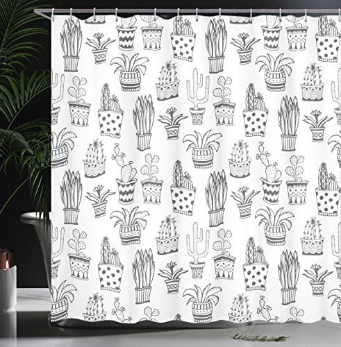 Ambesonne Cactus Shower Curtain, Doodle Flowers In Pots With Polka Dots And Zig Zags Tropical Plants Monochrome, Cloth Fabric Bathroom Decor Set With Hooks, 69" W X 70" L, Grey And White #TOP2