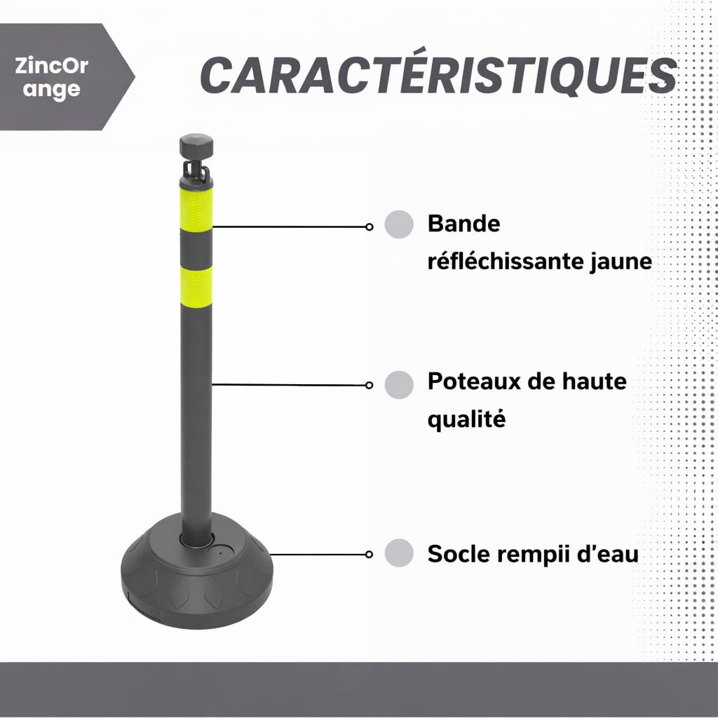 Lot de 6 Poteaux de Guidage 102 cm, Balises de Circulation avec Chaînes Plastiques et Base Remplissable d’Eau pour Parking, Gestion de Foule (Noir)