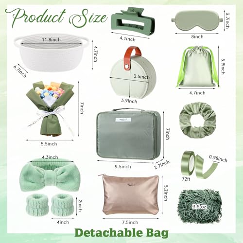 Kacctyen Sage Green Gift Basket for Women Include Woven Basket Makeup Bag Sleep Mask Jewelry Box Hair Bow Crochet Flower and More Self Care Birthday Gift Box for Mom Wife Friends Sister Coworker2