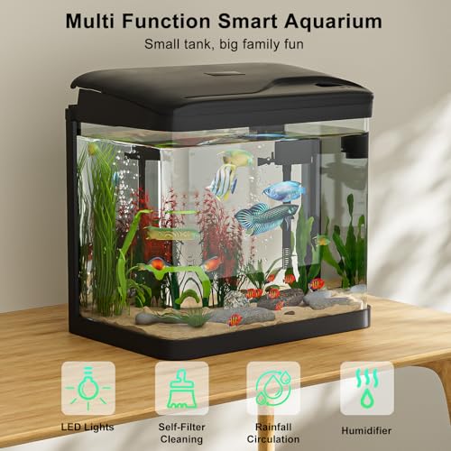 Aquarium Komplettset, GuKKK Nano Aquarium Stabiles Einsteigerbecken mit LED-Beleuchtung und Eingebautem Filtersystem, für Fisch, Aquariu Becken stoßfest,Schwarz (6L)