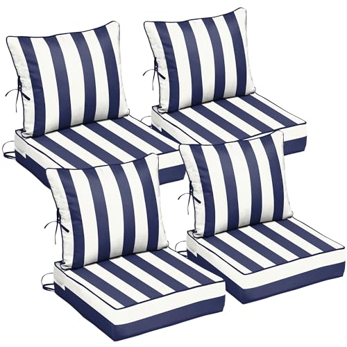 Image of 24x24 Outdoor Chair Cushions Set of 4, Waterproof Deep Seat Cushions for Patio Furniture with Removable Cover, Fade Resistant 4'' Outdoor Seat Cushion w /Ties&Handle for Sofa Loveseat,Blue Stripes