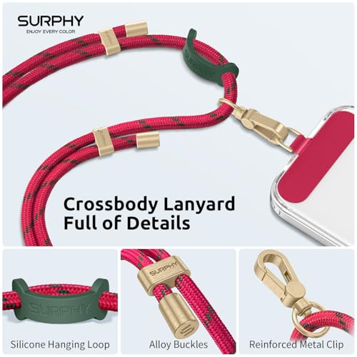 Image of SURPHY Phone Lanyard Crossbody, Phone Strap Crossbody with 2 Tether Tabs | Adjustable Cell Phone Lanyard, Anti Theft Phone Strap, Premium Metal Buckles, Universal Lanyard for Travel, Christmas Red