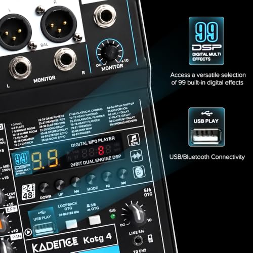 Image of Kadence KOTG-4 4 Channel Audio Mixer with OTG Recording | Podcast, Streaming & Live Sound Mixer | 192kHz /24-Bit USB Audio Interface | USB /BT Playback | 99 DSP Effects with Faders | Black