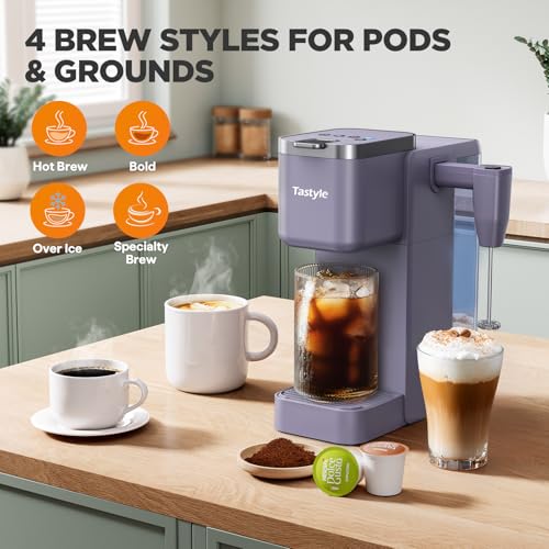 Image of Tastyle 330MF Single Serve Coffee Maker with Built-in Detachable Milk Frother, Iced and Hot Coffee Machine for K Cup & Grounds, 40oz Removable Water Tank, 6 Cup Sizes, Fits 7.3 inch Travel Mug, Purple