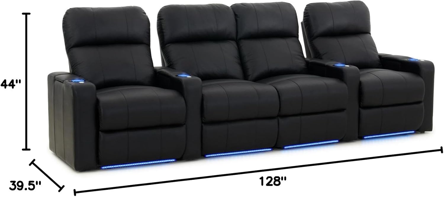 Octane Seating Octane Turbo Home Theater Seats Black Leather - Power Recline - Lighted Cup Holders - Arm Storage - Memory Foam - Straight Row 4 w/Loveseat