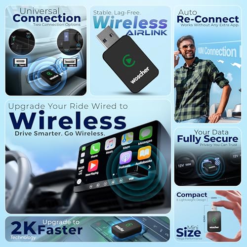 Image of Woscher 2-in-1 Airlink Wireless carplay Adapter, Converts Wired Auto Android & CarPlay to Wireless, car Bluetooth Receiver, Android auto Adapter only for OEM Cars | 1+1 Year Warranty