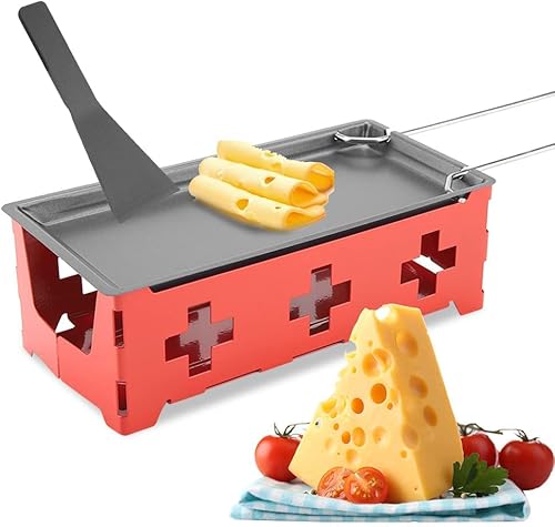 Miniatura 6 de Juego de raclette portátil de queso, bandeja para hornear de hojaldre roja, espátula pequeña, espátula de pala, tostadora de queso antiadherente,