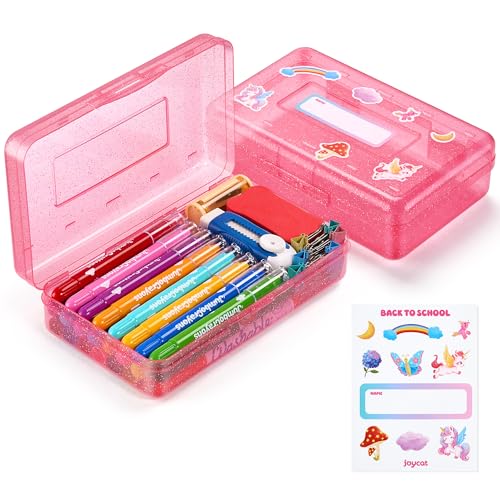 GAMENOTE Plastic Pencil Box with Personalized Sticker Kid Hard Pencil Case with Snap-tight Lid Small Art Craft Storage Containers School Supplies Box for Boys Girls (Glitter Pink)