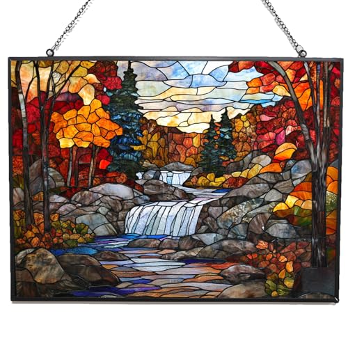 365CUSGIFTS Personalized Rectangle Autumn Forest Hand Painting Stained Glass Window Hangings Stained Glass Suncatcher Birthday Gift for Mom Grandma Teacher Women Friend Memorial Hook