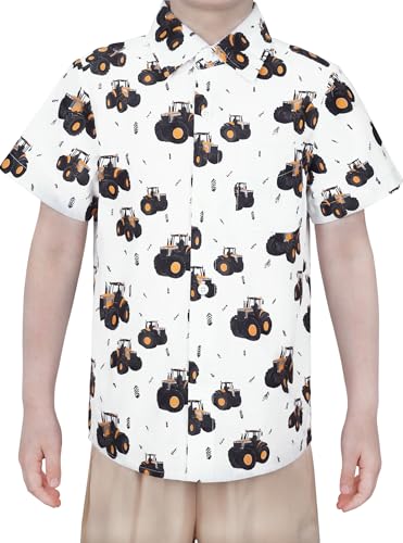 Image of Boys Button Down Shirts Dress Short Sleeve Kids Hawaiian Tractor 12-13Y | Pure Combed Cotton, Smooth 60s yarn, Tagless Label, Pilling-Resistant, Shrink-Resistant, Fade-Resistant, Machine Washable