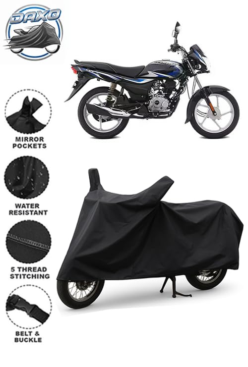 Image of Daxo Waterproof Bike Cover for Bajaj Platina 100 | Heavy Duty All Weather Protection from Rain, Dust, Sun & Scratches with Mirror Pockets | Platina 100 Bike Cover | Black