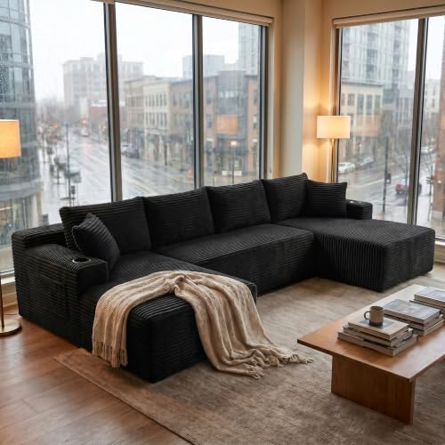Image of 125 Inch Modular Sectional Sofa, Cloud Couch Oversized U Shaped Corduroy Sofa with Storage & Cupholders, Modern Deep Seat Boneless Couches for Living Room, No Assembly Required, Black