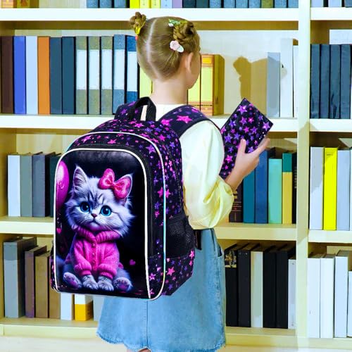 Image of CCJPX 3Pcs Cat Backpack for Girls, 16 inch Kids Bookbag with Lunch Box, Water Resistant Elementary School Bag for Kindergarten Preschool Toddler (Black)