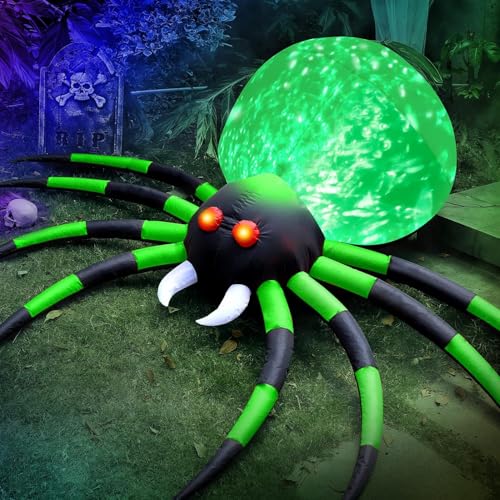 8 FT Halloween Inflatables Spider Outdoor Decorations for Yard Giant Blow up Green Spider with Rotating Fire Flame Light Large Spooky Spider Props for Halloween Party Garden Lawn House Holiday Decor