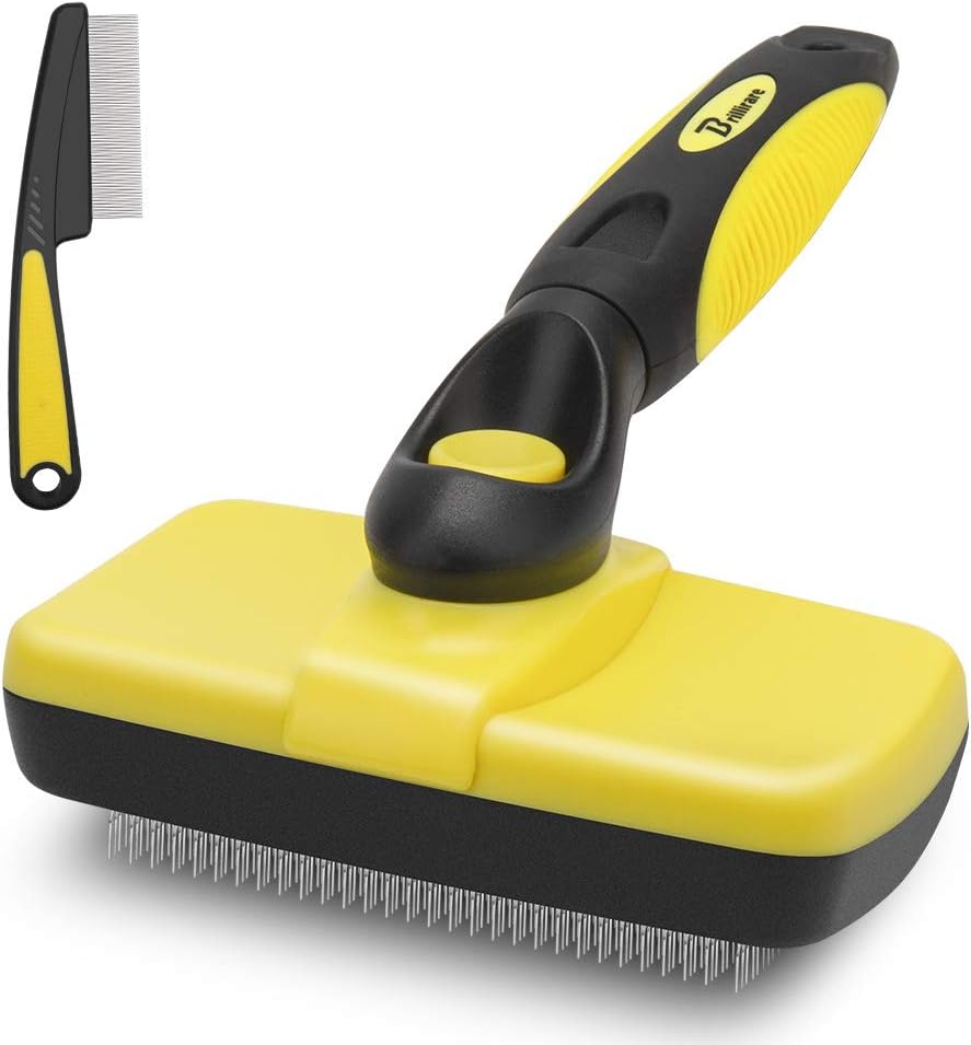 BRILLIARE Self-Cleaning Slicker Brush+Free Stainless-Steel Comb, Easy to Clean Dog Brush, Retractable Pet Grooming Brush, Premium Grooming Tool, for Small, Medium&Large Dog&Cat with Short, Long Hair
