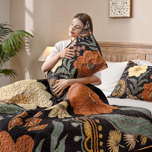 Image of Andency Floral Boho Quilt King Size Bedding Set Brown Black, 3 Pieces Farmhouse Flower Botanical Summer Bedspreads with 2 Shams, Soft Reversible Lightweight Polyester Coverlet Set, 106 inchx96 inch