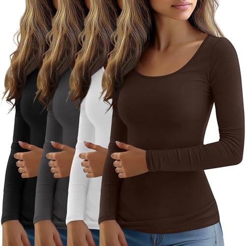 Ficerd 4 Pack Women's Long Sleeve T Shirts Scoop Neck Basic Tight Slim Fit Tops Casual Fashion Tee Shirts