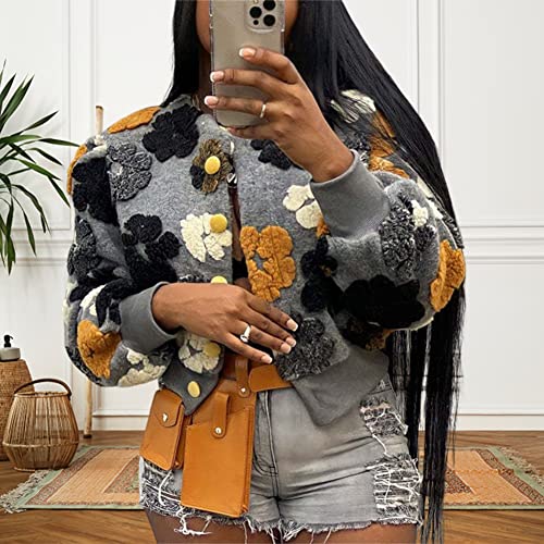 HOULENGS Women's Cropped Floral Print Fleece Bomber Jacket Casual Puff Sleeve Button Down Coats Winter Warm Outerwears4