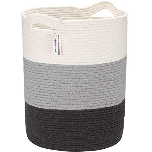 Sea Team Large Size Cotton Rope Woven Storage Basket with Handles Laundry Hamper Fabric Bucket Drum Clothes Toys Organizer for Kids Room 20 x 14 inches Round Open Design White & Grey