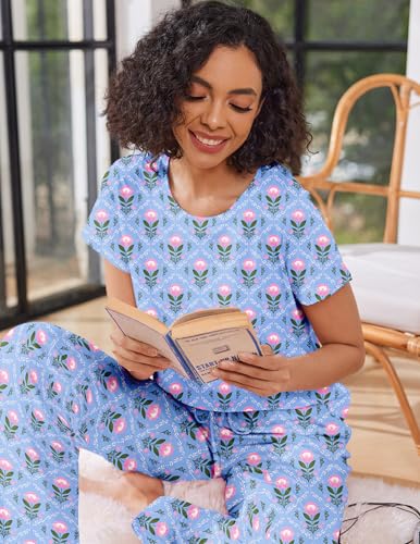 Image of Ekouaer Pajama Sets for Women Round Neck Pjs Short Sleeve Sleepwear with Long Pants Loose Lounge Sets