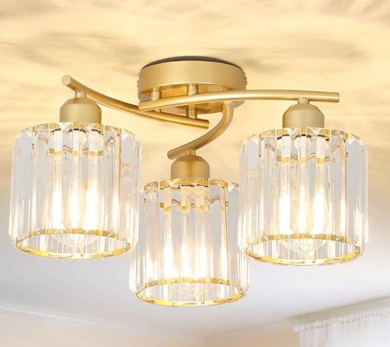Plafonnier moderne semi-encastré en cristal à 3 lumières, doré avec abat-jour en cristal transparent, pour couloir, entrée, chambre à coucher, salle de bain