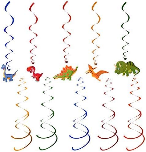 Miniatura 4 de Cartel de feliz cumpleaños de dinosaurio y decoraciones de remolinos colgantes  Premontada  Incluye 30 decoraciones colgantes de remolinos de