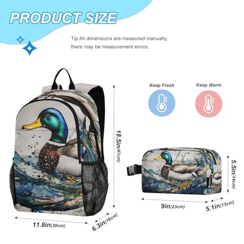 Travel Backpack Lunch Bag Set for Hiking Picnic, Backpacks with Insulated Lunch Box Wild Duck Painting Print2