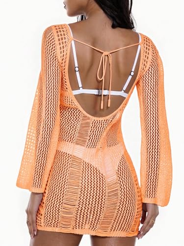 Image of Floerns Women's Crochet Cover Up Long Sleeve Hollow Out Bikini Swimsuit Beach Cover Up Swimwear