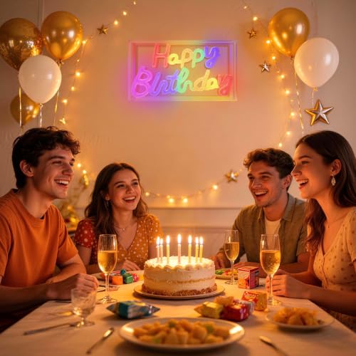 Image of Colorful Happy Birthday Neon Sign, LED Wall Decor, Type-C /USB Power | Led Happy Birthday Light Up Sign For Birthday Party, Backdrop, Wall, Tabletop Decorations, 2 Hooks Included